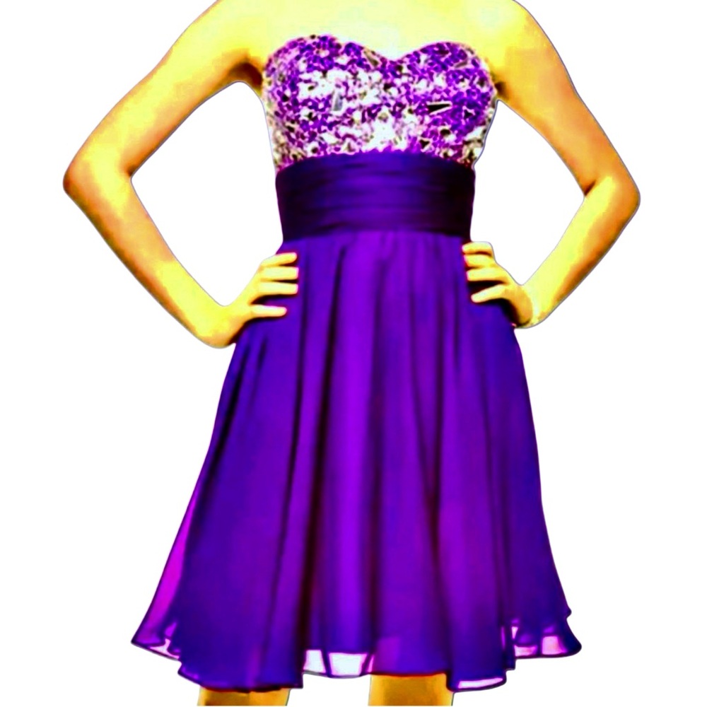 Purple Strapless Sequin Empire Waist Chiffon Formal Gown Sexy Short Dress Sz 5